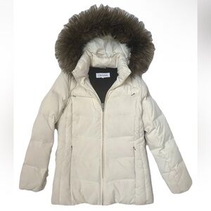 Calvin Klein Zip Up Down Filled Puffer Jacket Cream White Detachable Hood Sz XS